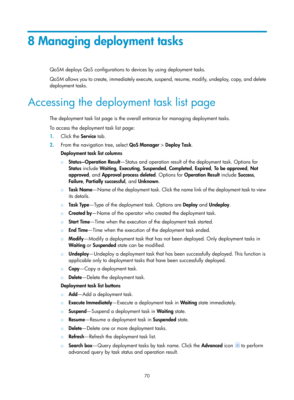 8 managing deployment tasks, Accessing the deployment task list page | H3C Technologies H3C Intelligent Management Center User Manual | Page 78 / 129