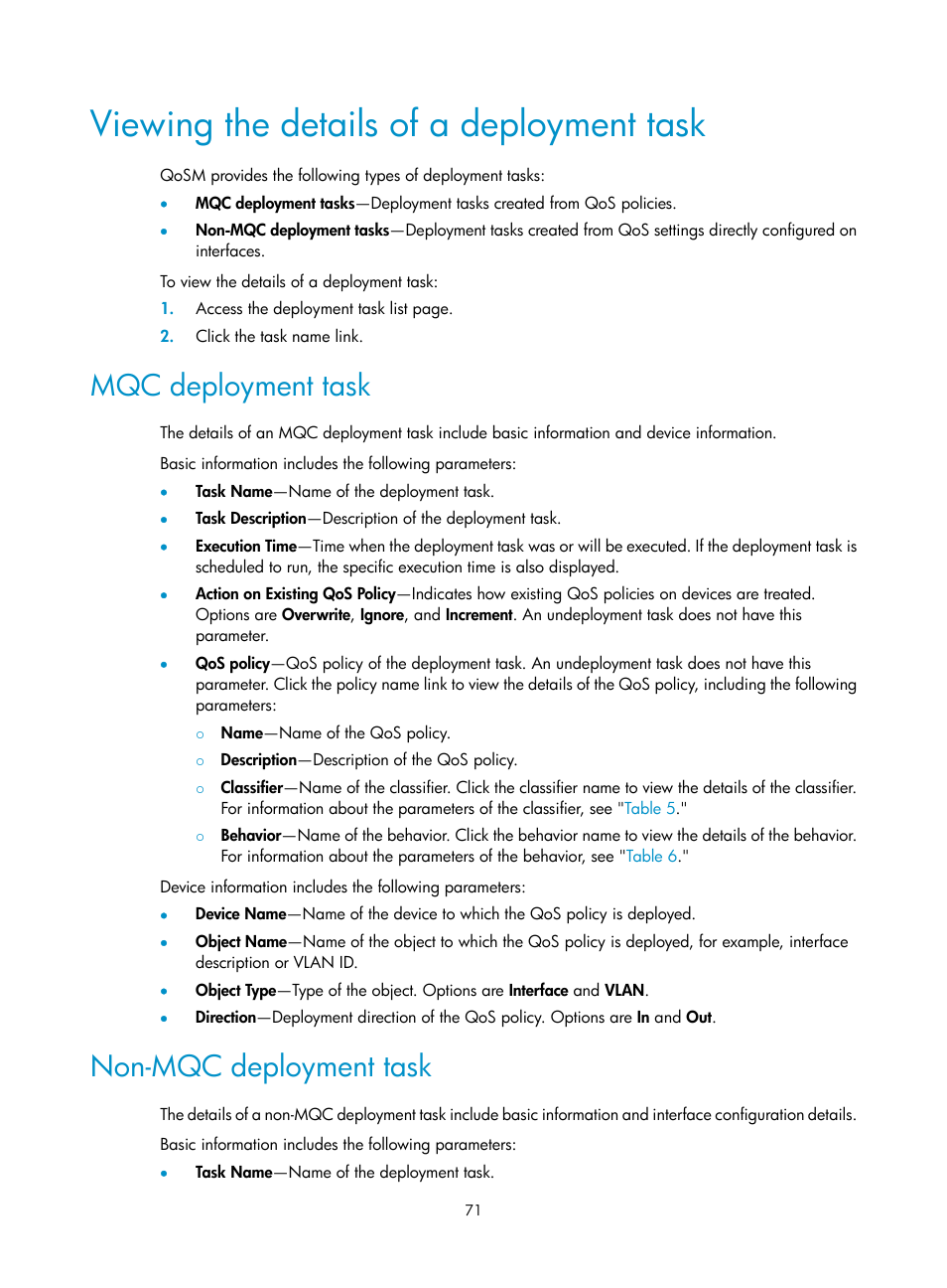 Viewing the details of a deployment task, Mqc deployment task, Non-mqc deployment task | H3C Technologies H3C Intelligent Management Center User Manual | Page 79 / 129