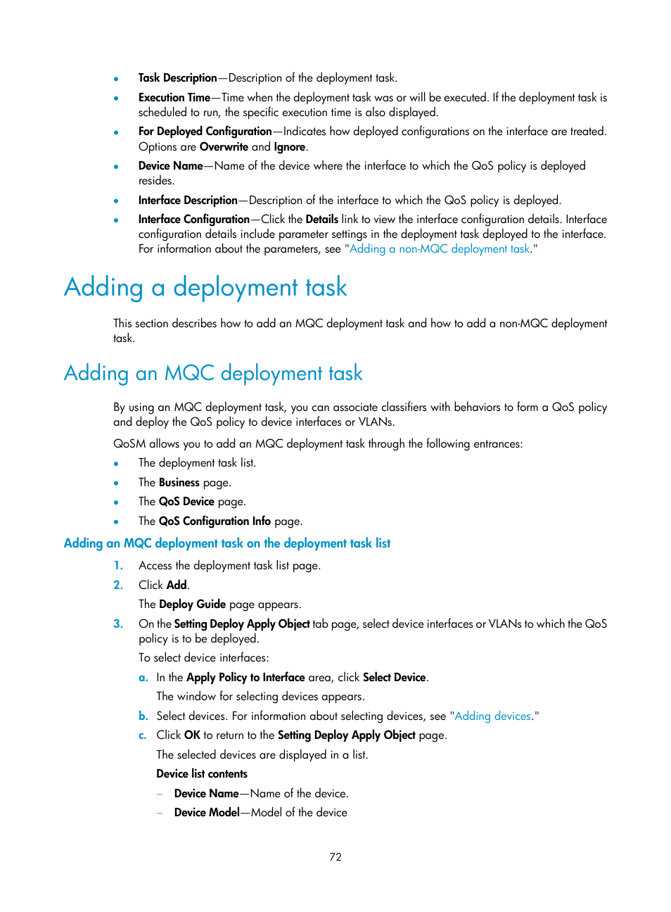 Adding a deployment task, Adding an mqc deployment task, N, see | H3C Technologies H3C Intelligent Management Center User Manual | Page 80 / 129