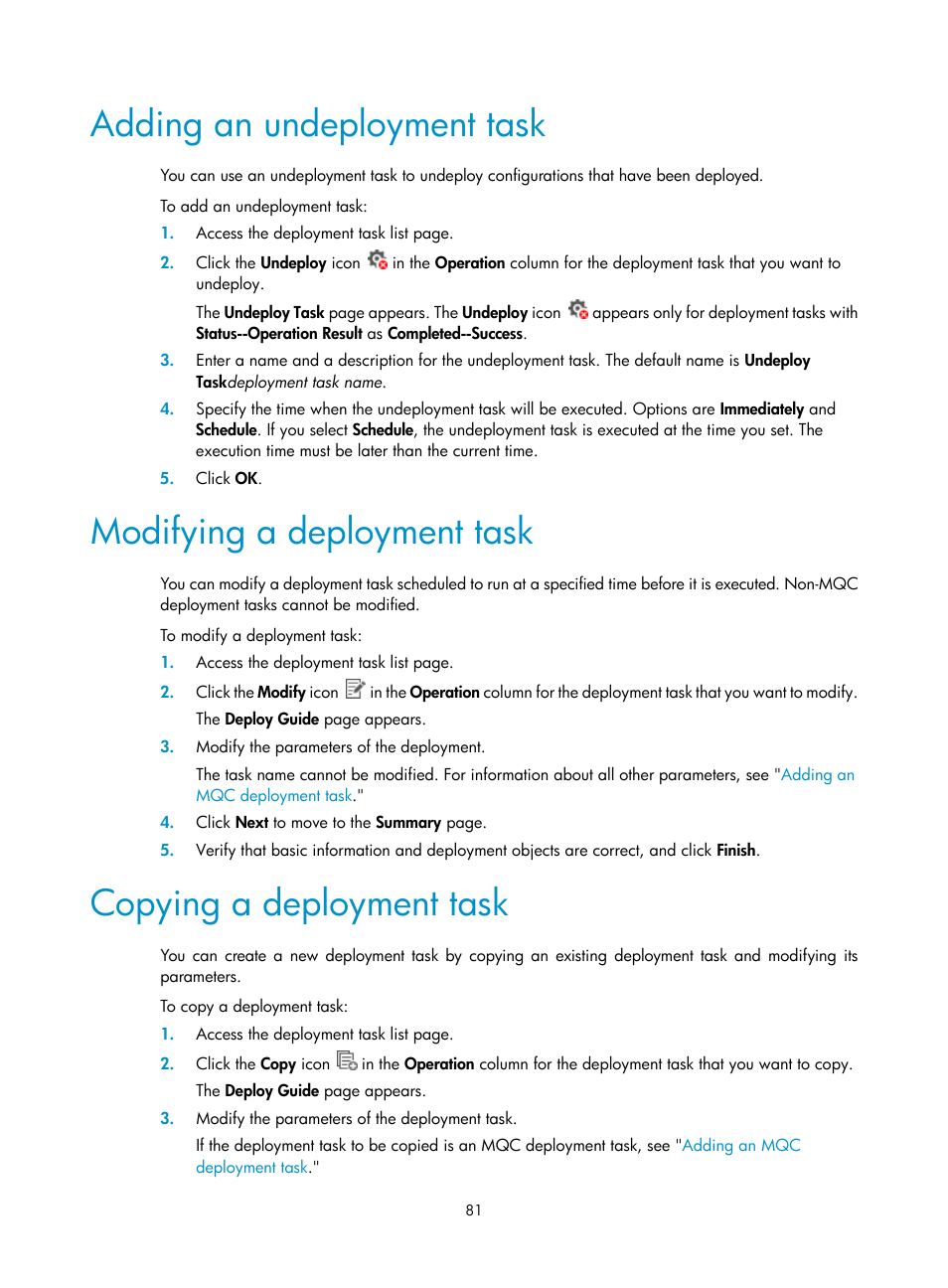 Adding an undeployment task, Modifying a deployment task, Copying a deployment task | H3C Technologies H3C Intelligent Management Center User Manual | Page 89 / 129