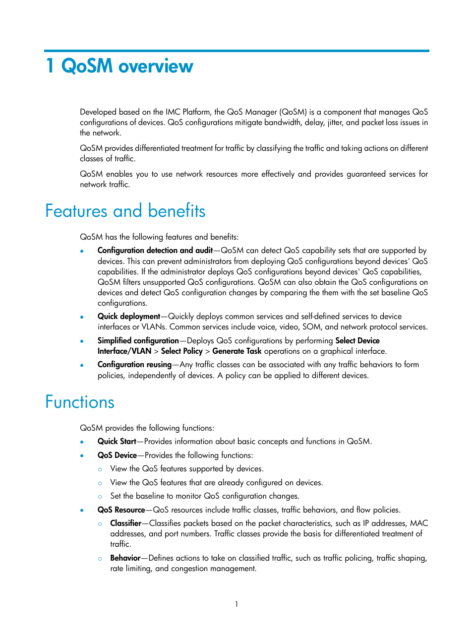 1 qosm overview, Features and benefits, Functions | H3C Technologies H3C Intelligent Management Center User Manual | Page 9 / 129