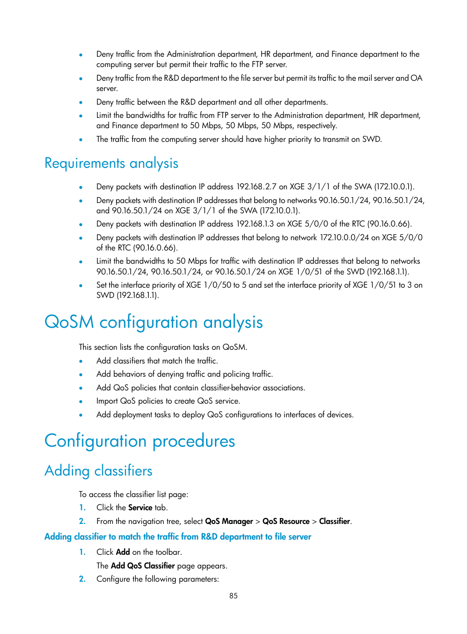 Requirements analysis, Qosm configuration analysis, Configuration procedures | Adding classifiers | H3C Technologies H3C Intelligent Management Center User Manual | Page 93 / 129