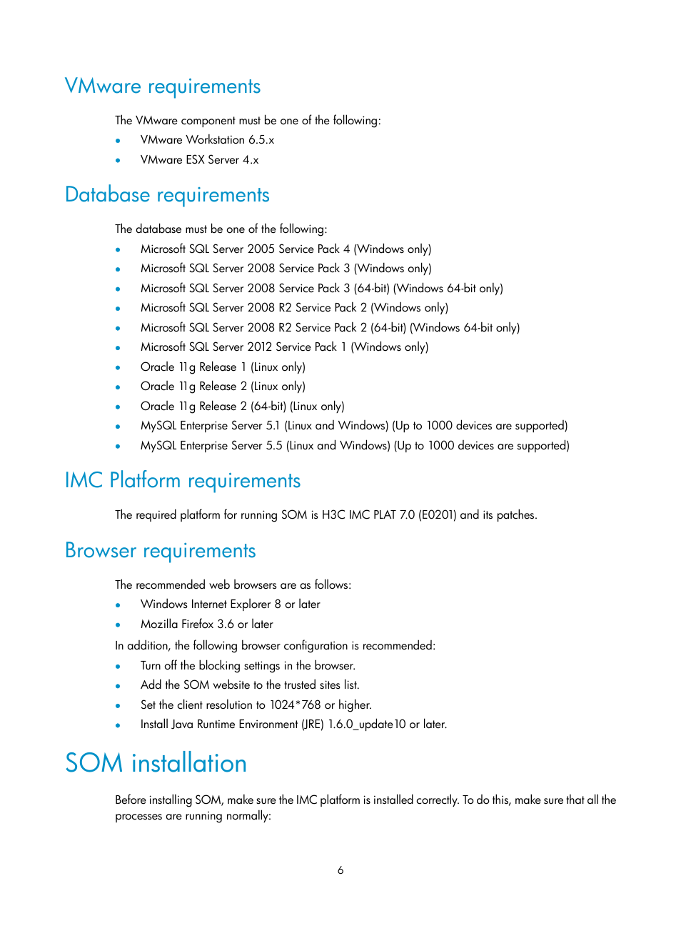 Vmware requirements, Database requirements, Imc platform requirements | Browser requirements, Som installation | H3C Technologies H3C Intelligent Management Center User Manual | Page 14 / 105