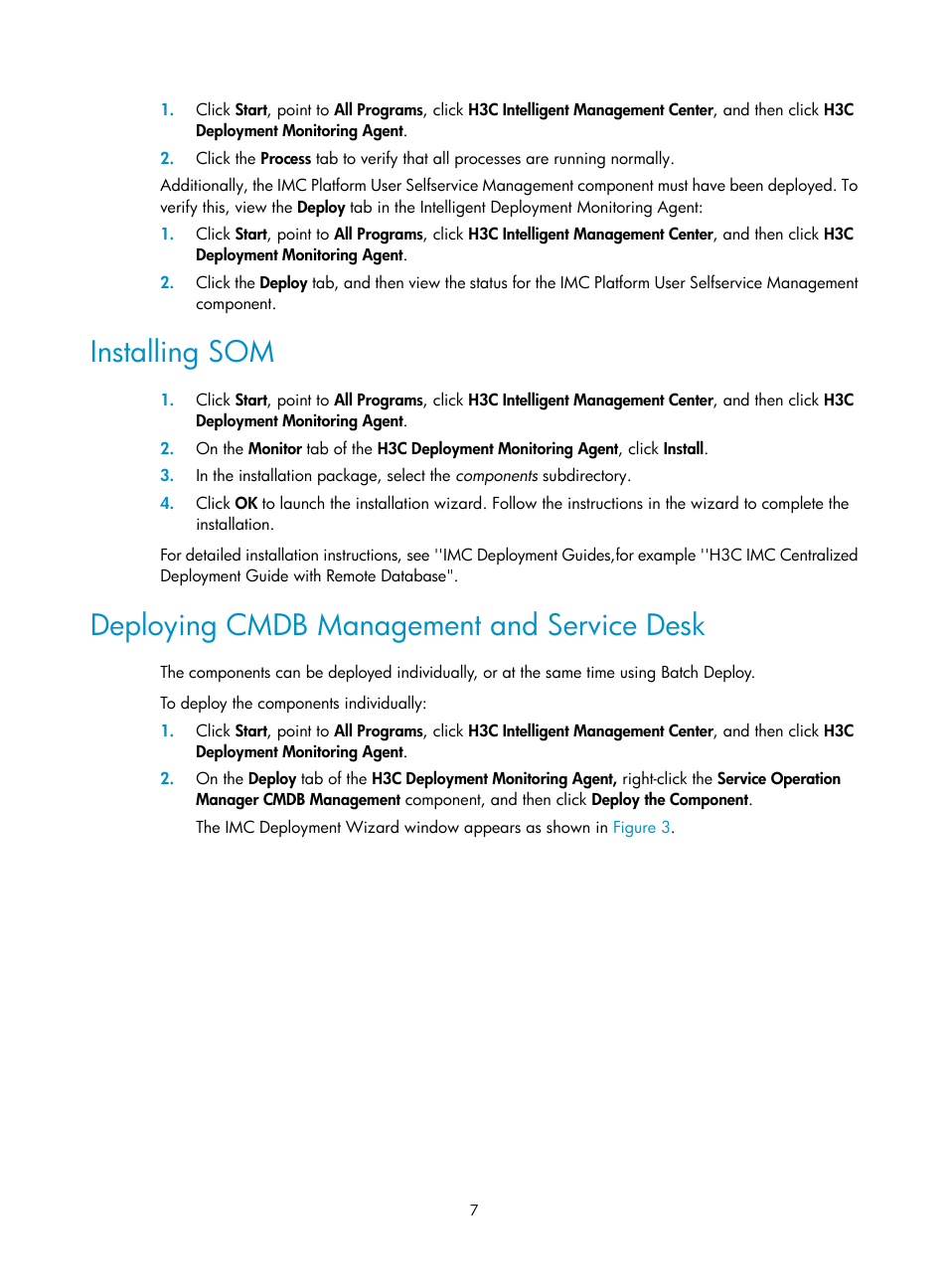 Installing som, Deploying cmdb management and service desk | H3C Technologies H3C Intelligent Management Center User Manual | Page 15 / 105