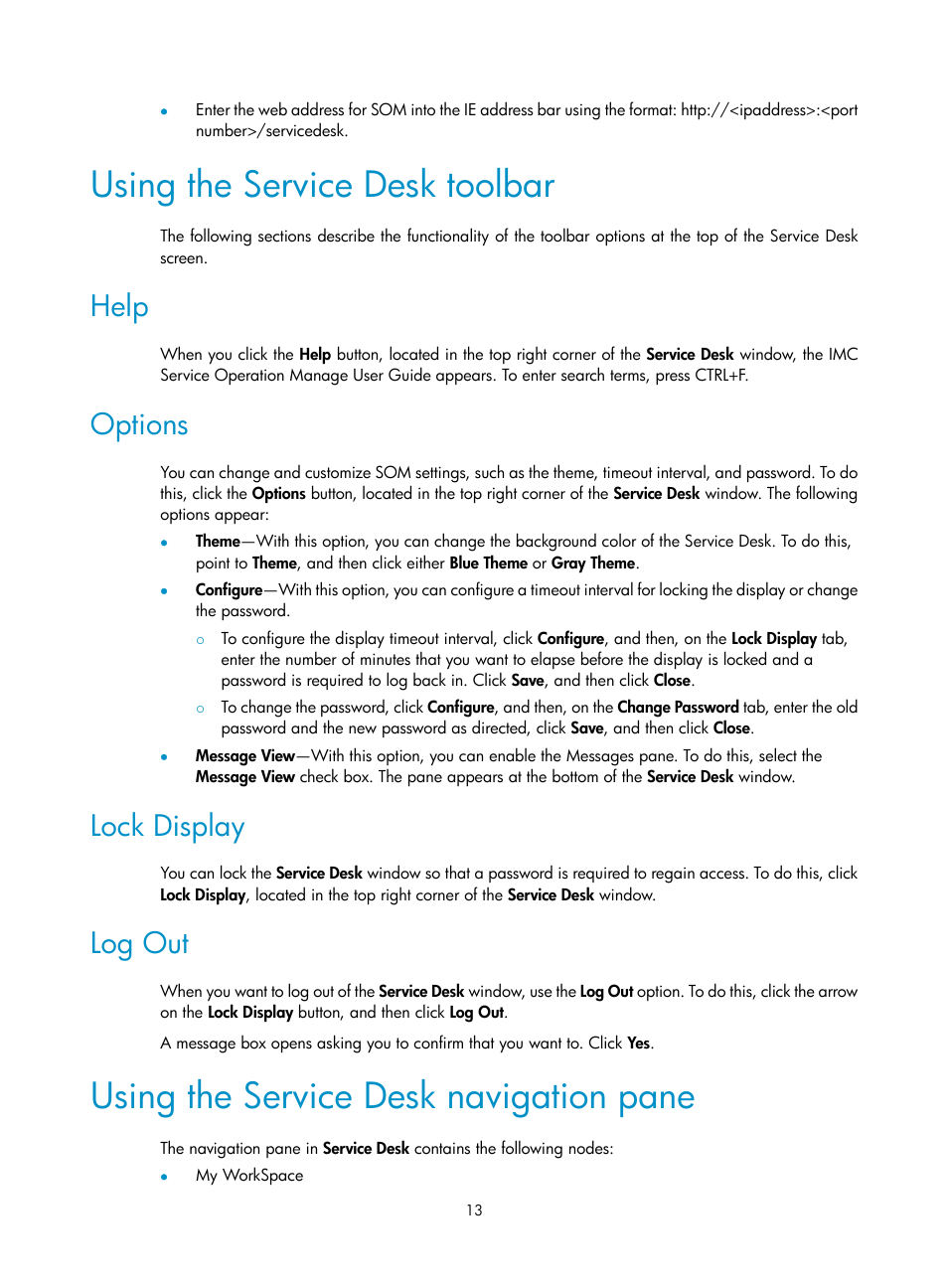 Using the service desk toolbar, Help, Options | Lock display, Log out, Using the service desk navigation pane, And the ta | H3C Technologies H3C Intelligent Management Center User Manual | Page 21 / 105