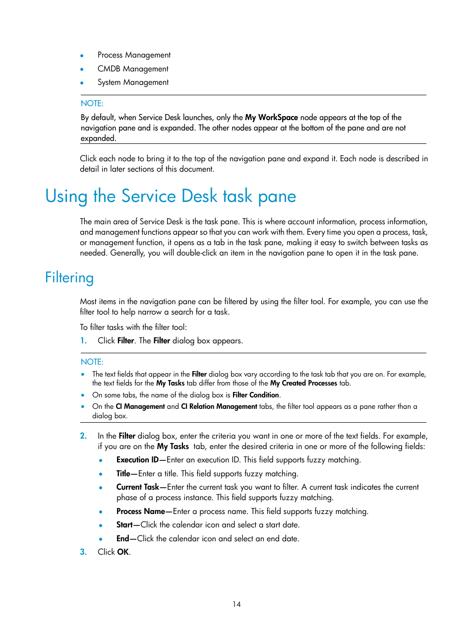 Using the service desk task pane, Filtering | H3C Technologies H3C Intelligent Management Center User Manual | Page 22 / 105