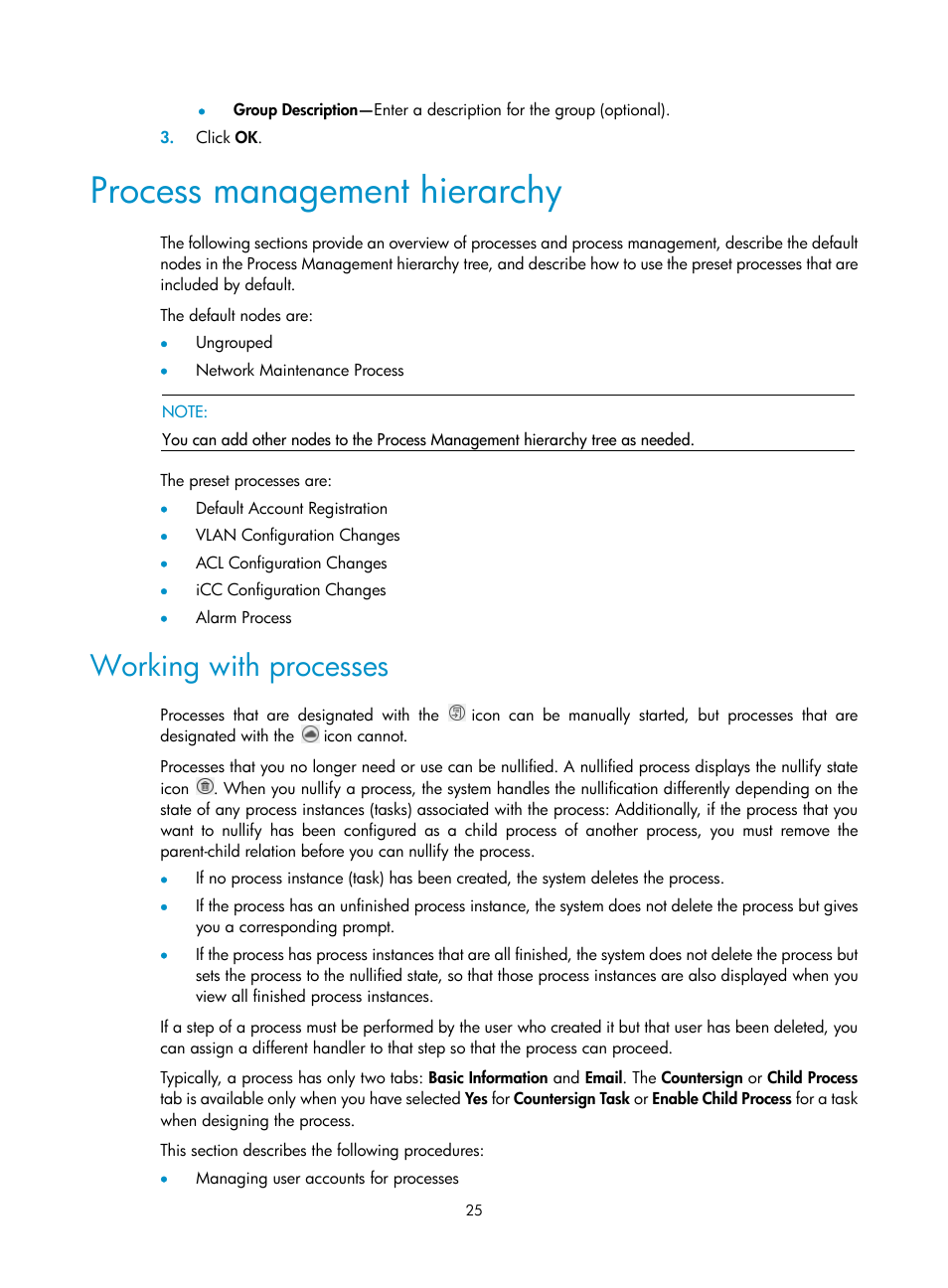 Process management hierarchy, Working with processes | H3C Technologies H3C Intelligent Management Center User Manual | Page 33 / 105