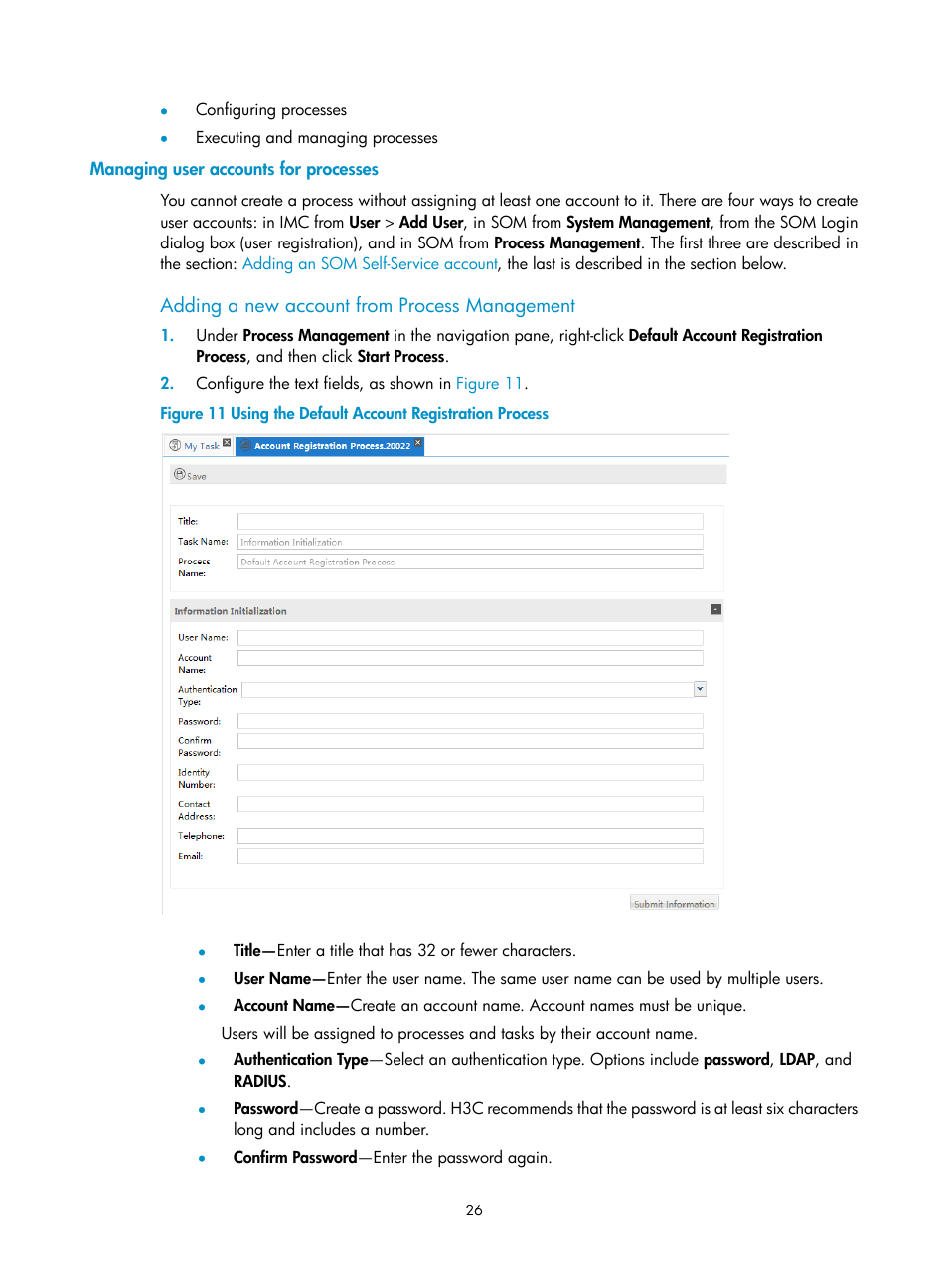 Managing user accounts for processes, Adding a new account from process management | H3C Technologies H3C Intelligent Management Center User Manual | Page 34 / 105