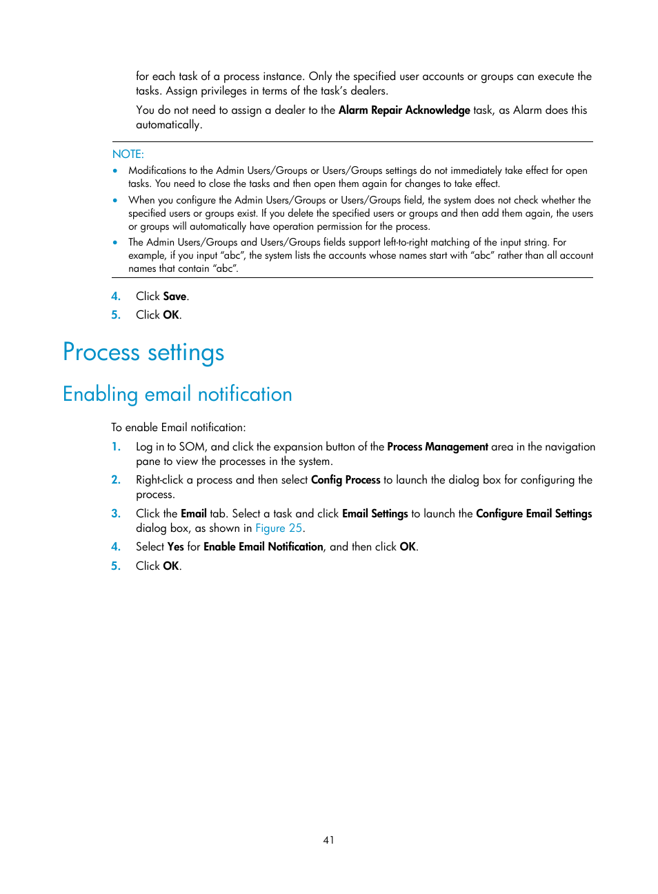 Process settings, Enabling email notification | H3C Technologies H3C Intelligent Management Center User Manual | Page 49 / 105