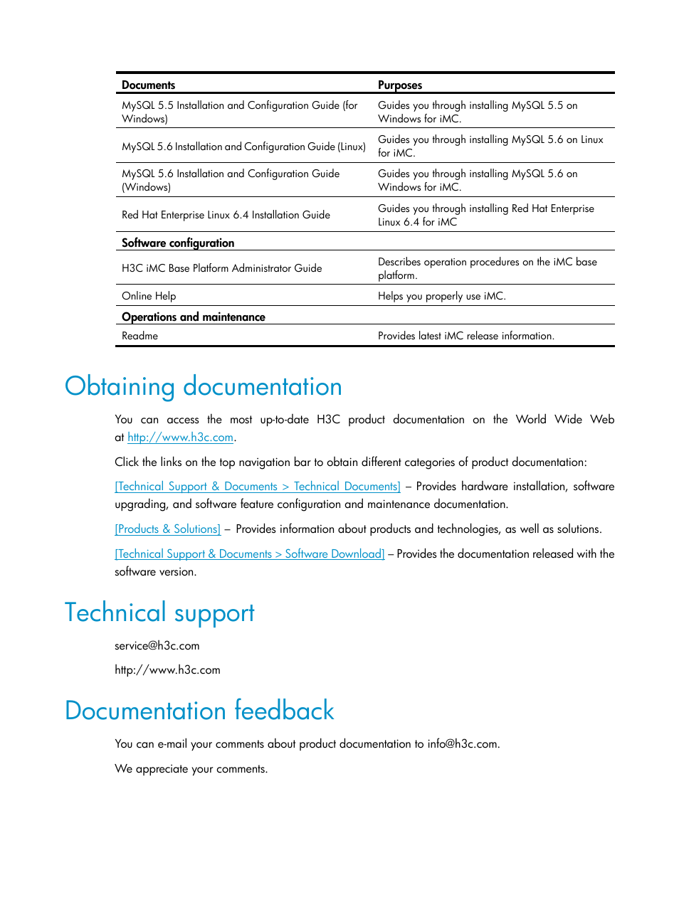 Obtaining documentation, Technical support, Documentation feedback | H3C Technologies H3C Intelligent Management Center User Manual | Page 5 / 105