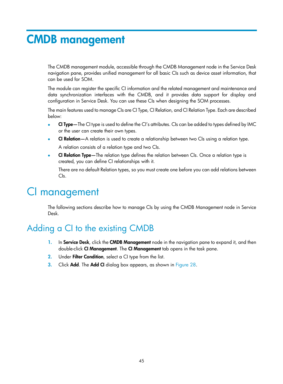 Cmdb management, Ci management, Adding a ci to the existing cmdb | H3C Technologies H3C Intelligent Management Center User Manual | Page 53 / 105