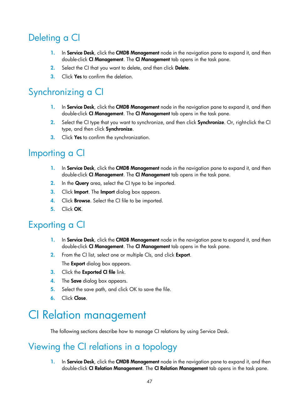 Deleting a ci, Synchronizing a ci, Importing a ci | Exporting a ci, Ci relation management, Viewing the ci relations in a topology | H3C Technologies H3C Intelligent Management Center User Manual | Page 55 / 105