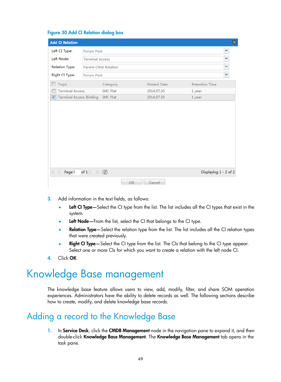 Knowledge base management, Adding a record to the knowledge base, Figure 30 | H3C Technologies H3C Intelligent Management Center User Manual | Page 57 / 105