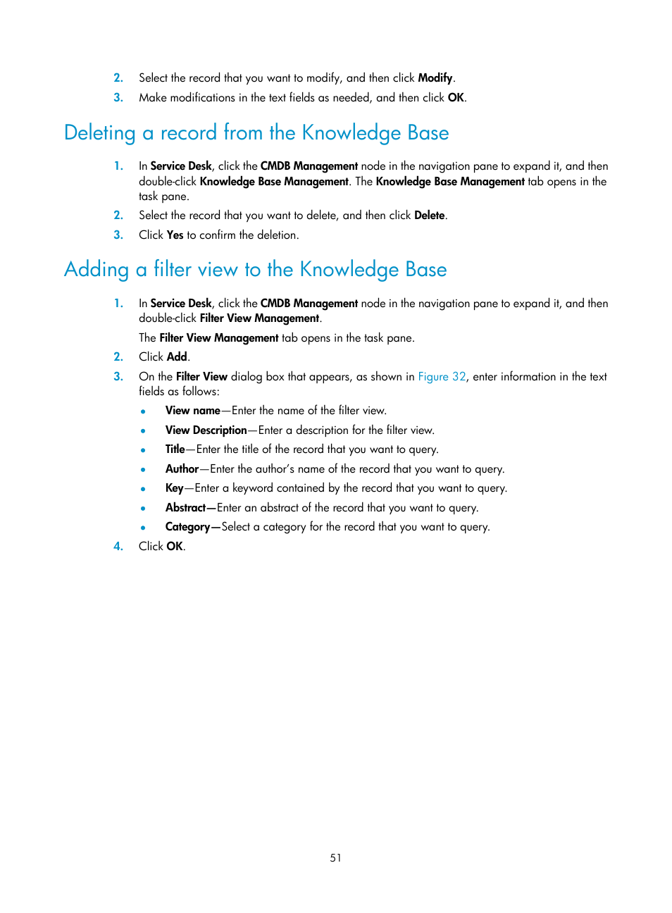 Deleting a record from the knowledge base, Adding a filter view to the knowledge base | H3C Technologies H3C Intelligent Management Center User Manual | Page 59 / 105