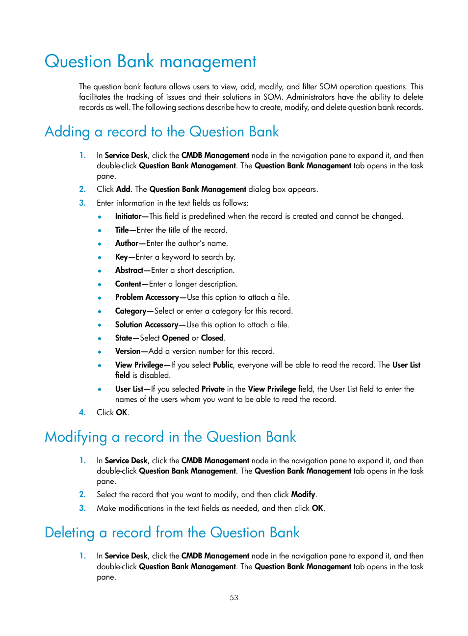 Question bank management, Adding a record to the question bank, Modifying a record in the question bank | Deleting a record from the question bank | H3C Technologies H3C Intelligent Management Center User Manual | Page 61 / 105