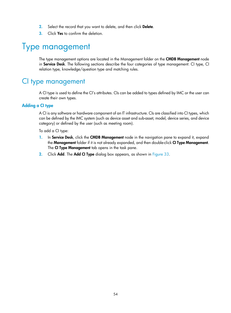 Type management, Ci type management, Adding a ci type | H3C Technologies H3C Intelligent Management Center User Manual | Page 62 / 105