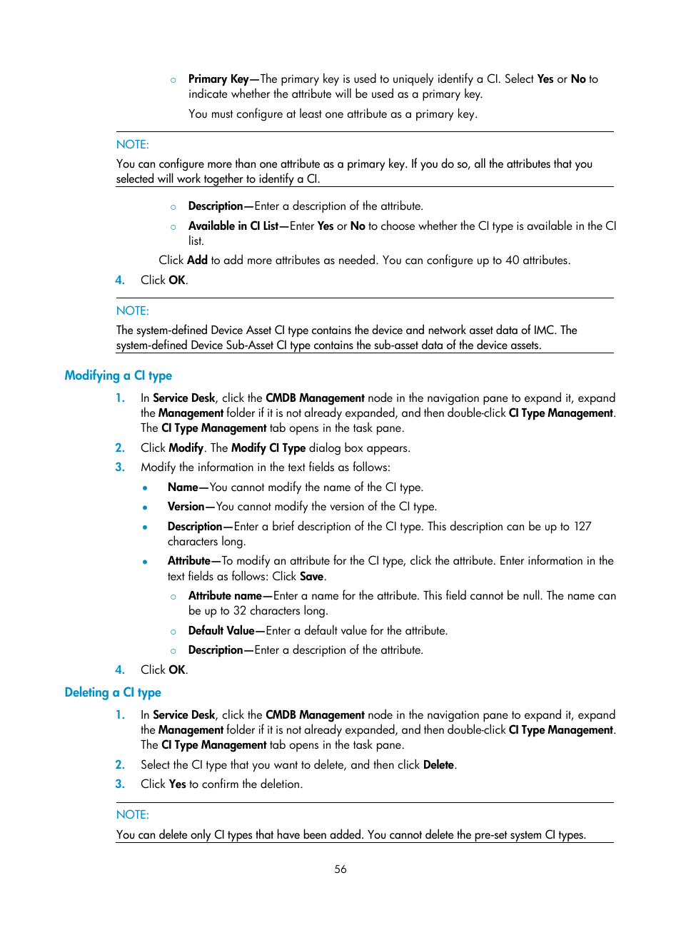 Modifying a ci type, Deleting a ci type | H3C Technologies H3C Intelligent Management Center User Manual | Page 64 / 105