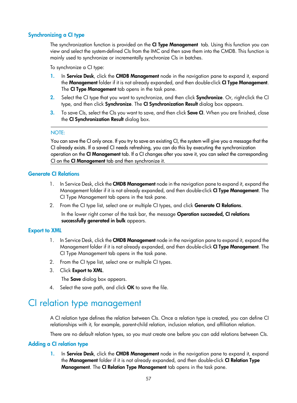 Synchronizing a ci type, Generate ci relations, Export to xml | Ci relation type management, Adding a ci relation type | H3C Technologies H3C Intelligent Management Center User Manual | Page 65 / 105