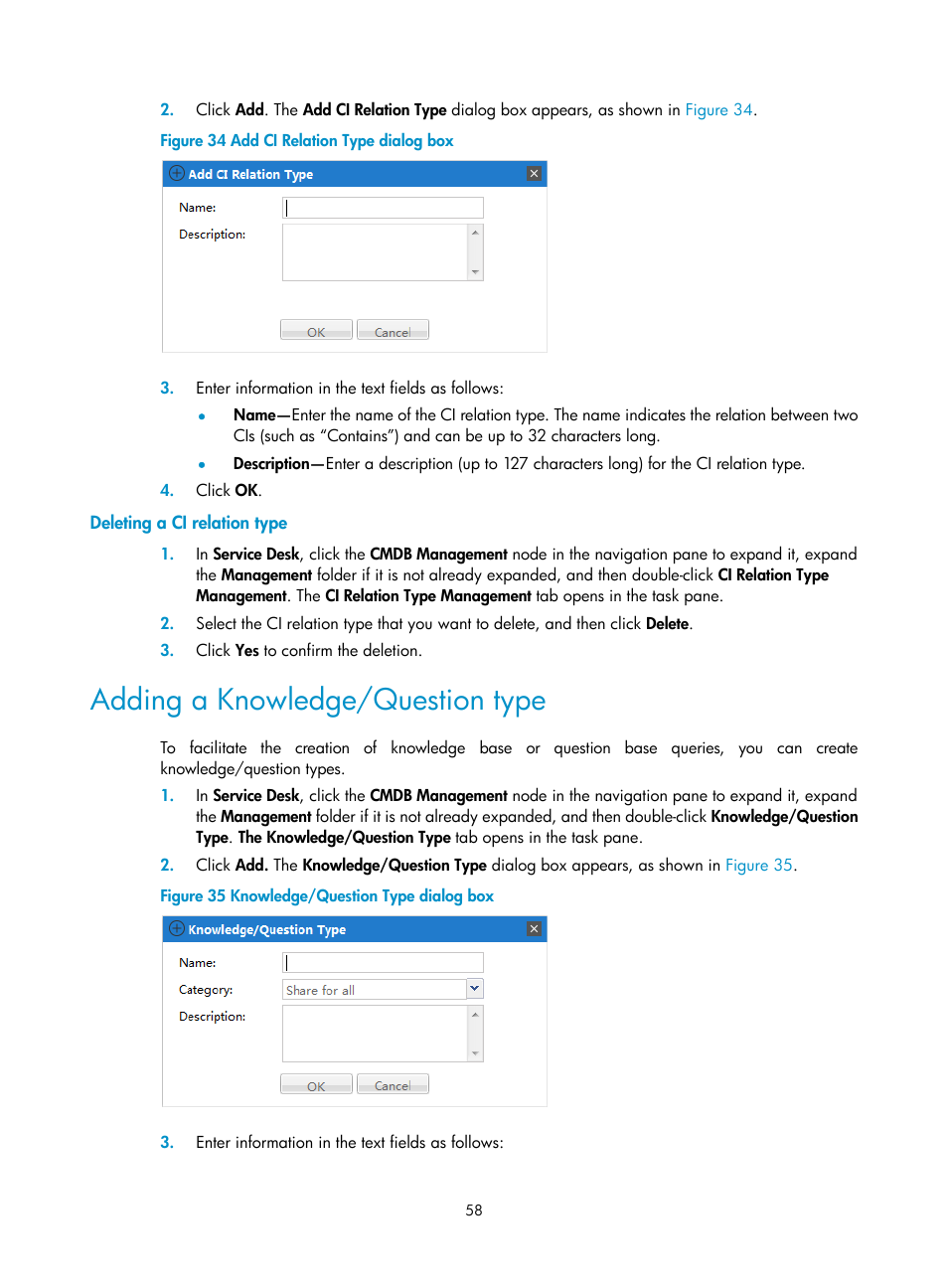 Deleting a ci relation type, Adding a knowledge/question type | H3C Technologies H3C Intelligent Management Center User Manual | Page 66 / 105