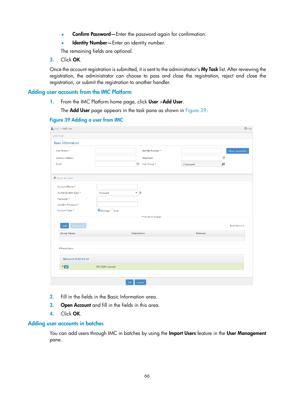 Adding user accounts from the imc platform, Adding user accounts in batches | H3C Technologies H3C Intelligent Management Center User Manual | Page 74 / 105