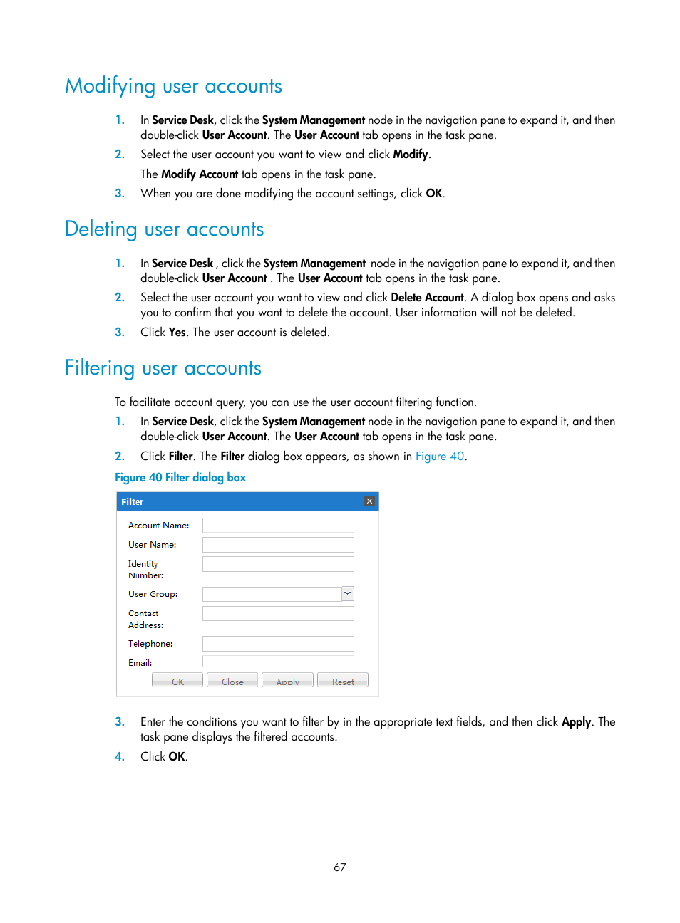 Modifying user accounts, Deleting user accounts, Filtering user accounts | H3C Technologies H3C Intelligent Management Center User Manual | Page 75 / 105