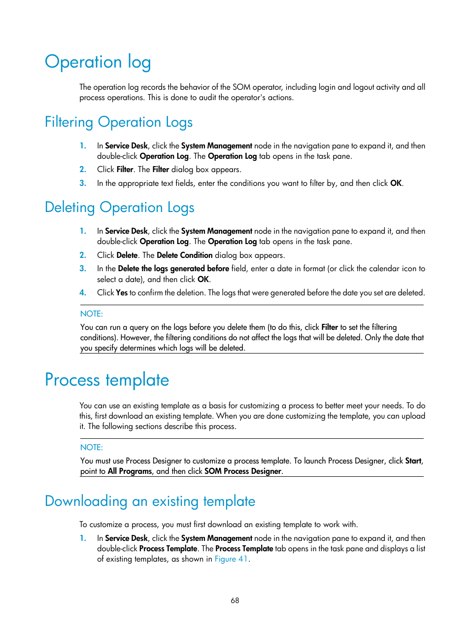 Operation log, Filtering operation logs, Deleting operation logs | Process template, Downloading an existing template | H3C Technologies H3C Intelligent Management Center User Manual | Page 76 / 105