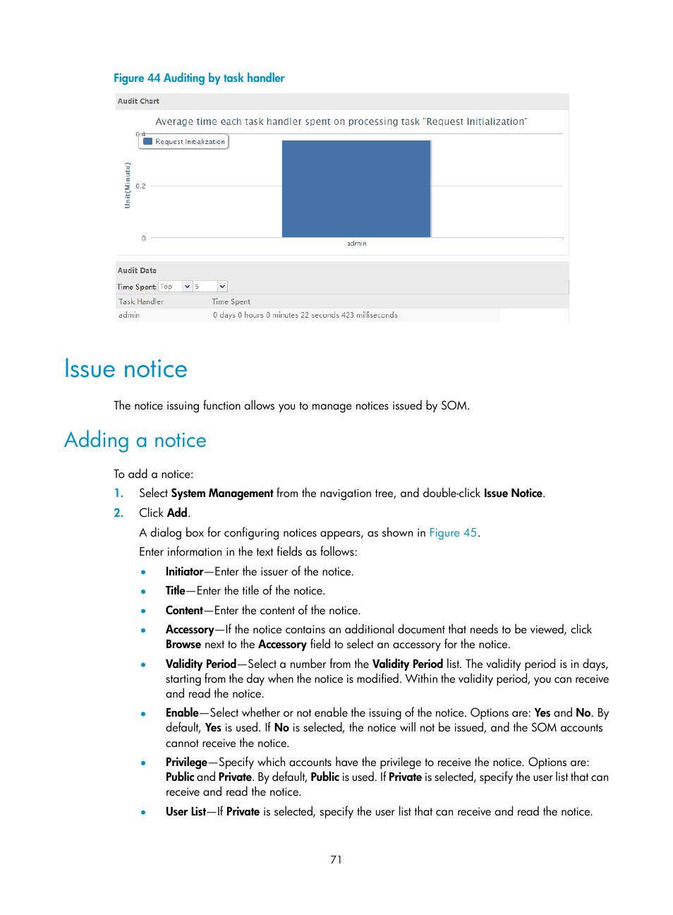 Issue notice, Adding a notice, Shown in | Figure 44 | H3C Technologies H3C Intelligent Management Center User Manual | Page 79 / 105