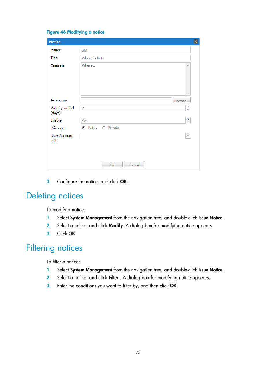 Deleting notices, Filtering notices | H3C Technologies H3C Intelligent Management Center User Manual | Page 81 / 105