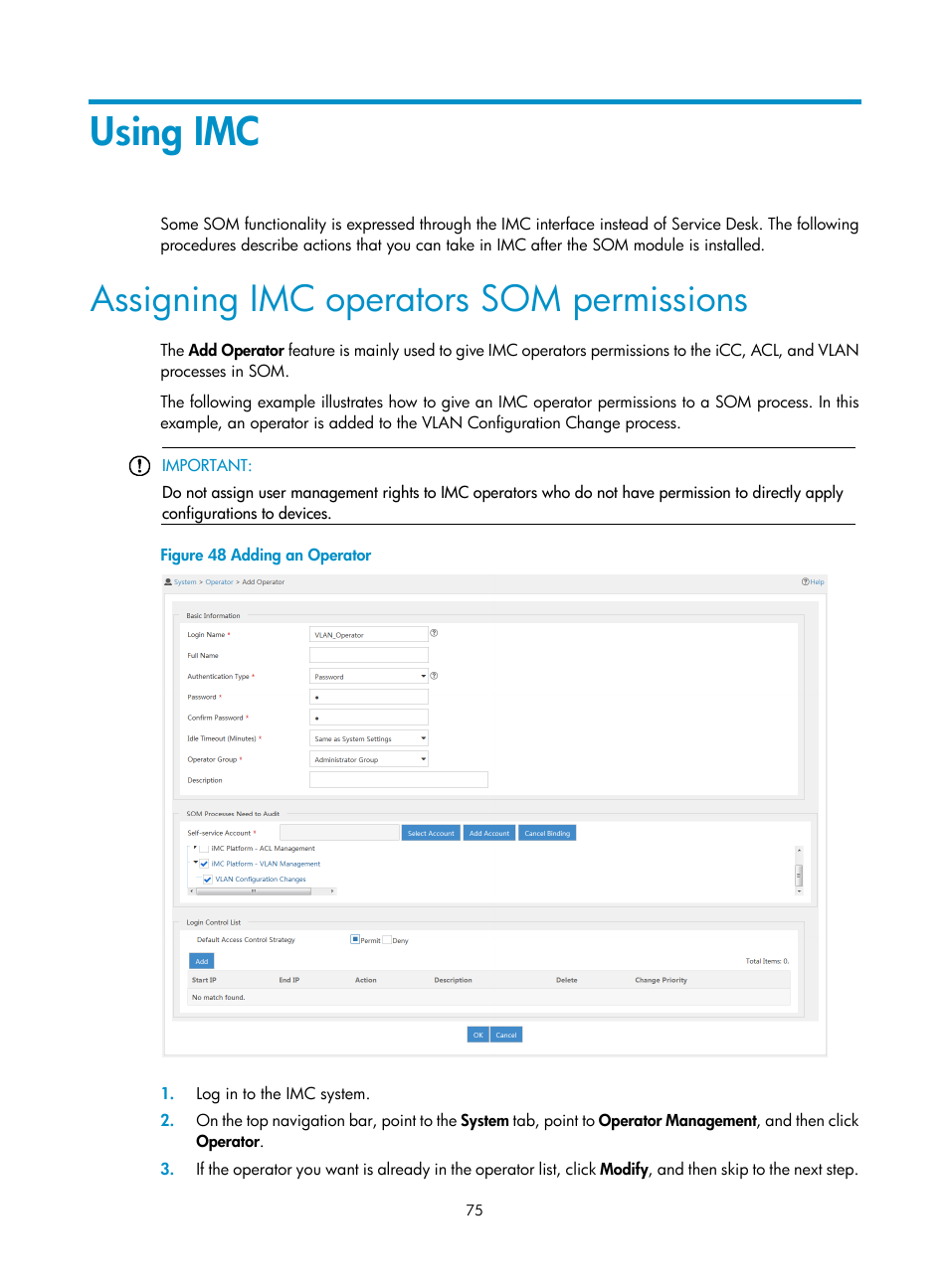 Using imc, Assigning imc operators som permissions | H3C Technologies H3C Intelligent Management Center User Manual | Page 83 / 105