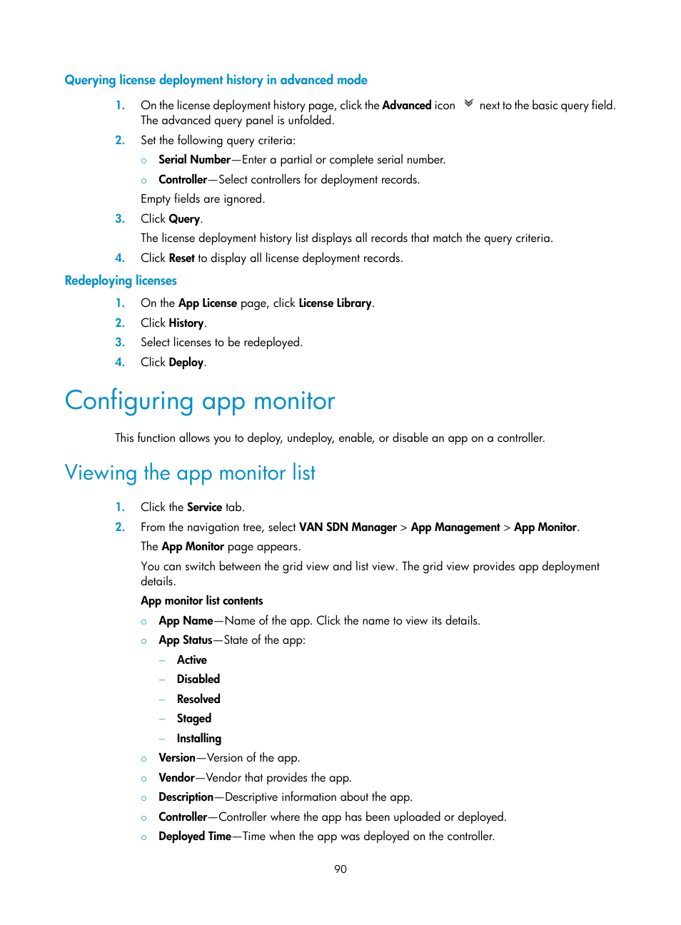 Redeploying licenses, Configuring app monitor, Viewing the app monitor list | H3C Technologies H3C Intelligent Management Center User Manual | Page 100 / 137