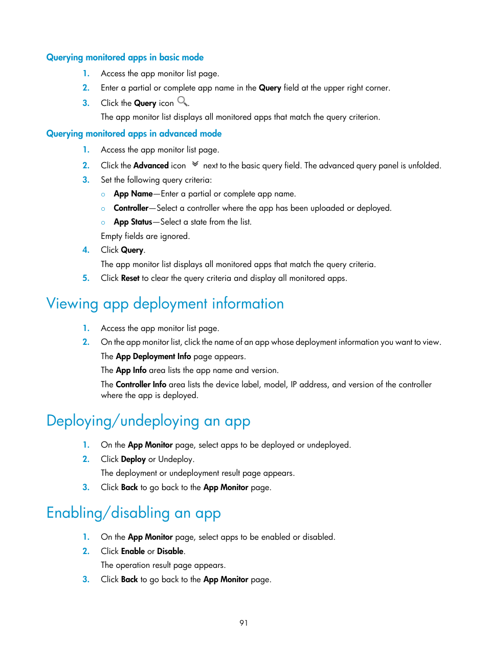 Querying monitored apps in basic mode, Querying monitored apps in advanced mode, Viewing app deployment information | Deploying/undeploying an app, Enabling/disabling an app | H3C Technologies H3C Intelligent Management Center User Manual | Page 101 / 137