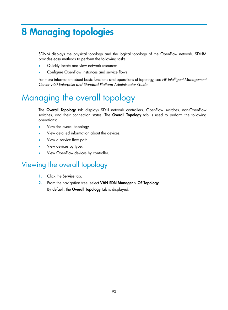 8 managing topologies, Managing the overall topology, Viewing the overall topology | H3C Technologies H3C Intelligent Management Center User Manual | Page 102 / 137