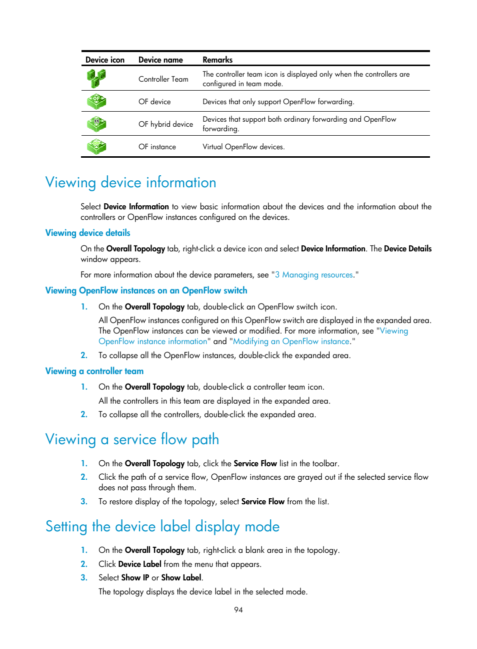 Viewing device information, Viewing device details, Viewing openflow instances on an openflow switch | Viewing a controller team, Viewing a service flow path, Setting the device label display mode | H3C Technologies H3C Intelligent Management Center User Manual | Page 104 / 137