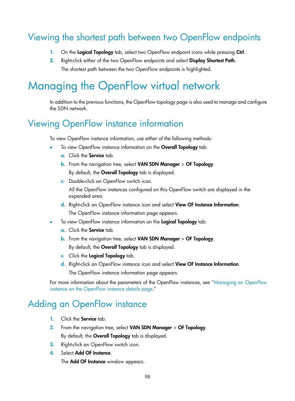 Managing the openflow virtual network, Viewing openflow instance information, Adding an openflow instance | Viewing, Openflow instance information | H3C Technologies H3C Intelligent Management Center User Manual | Page 108 / 137