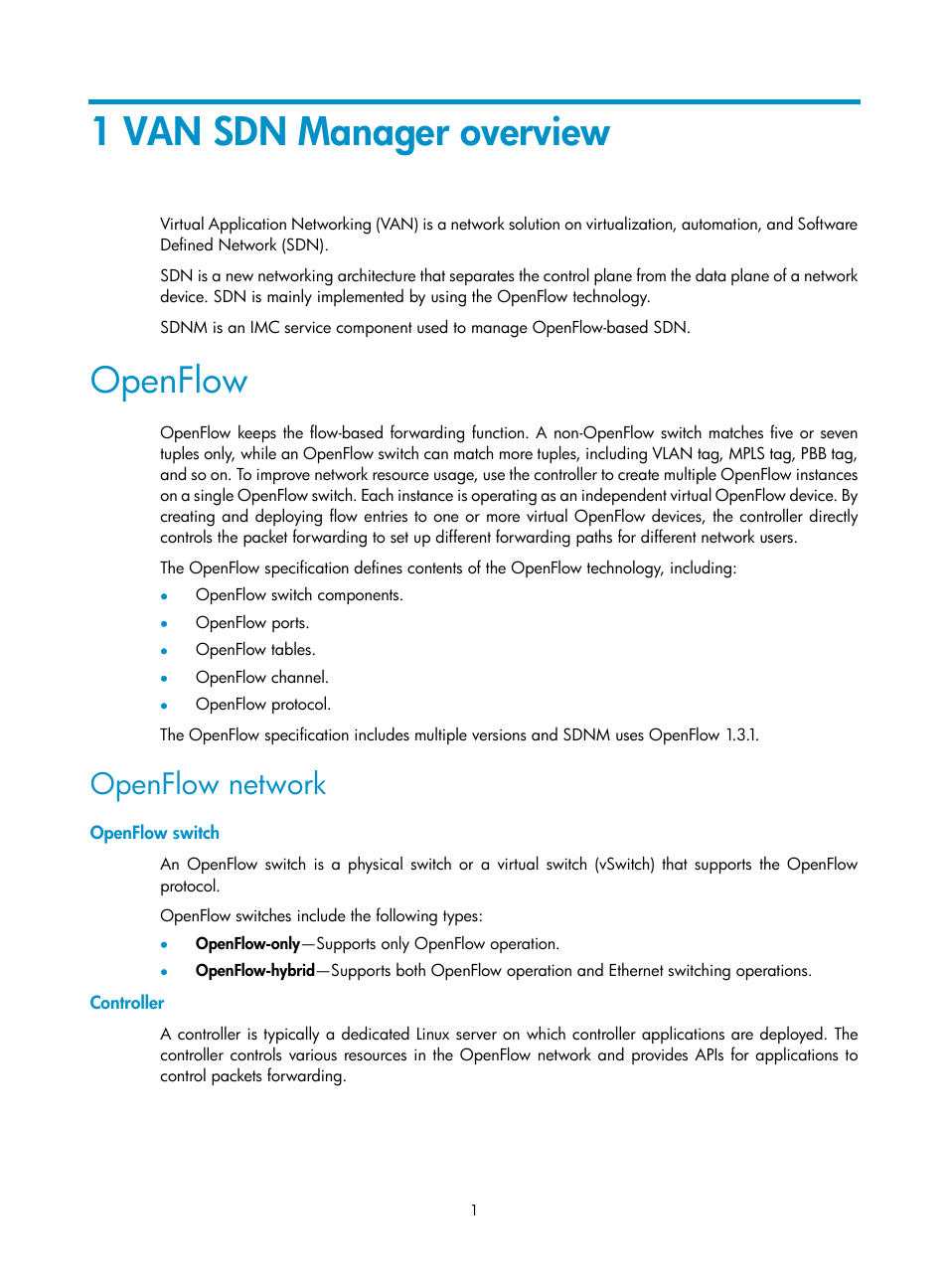 1 van sdn manager overview, Openflow, Openflow network | Openflow switch, Controller | H3C Technologies H3C Intelligent Management Center User Manual | Page 11 / 137