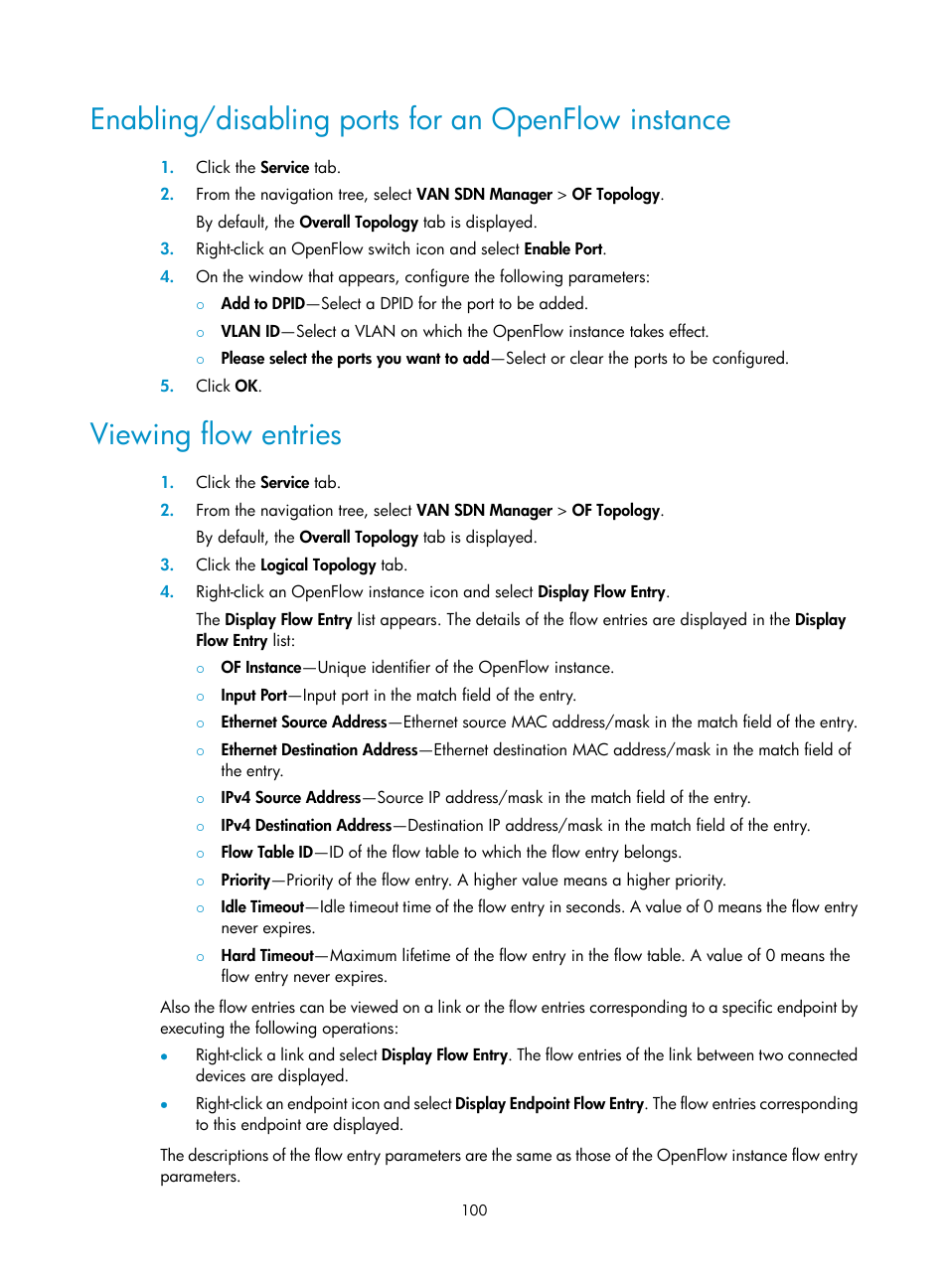 Enabling/disabling ports for an openflow instance, Viewing flow entries | H3C Technologies H3C Intelligent Management Center User Manual | Page 110 / 137