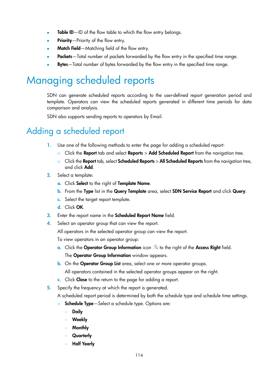 Managing scheduled reports, Adding a scheduled report | H3C Technologies H3C Intelligent Management Center User Manual | Page 124 / 137