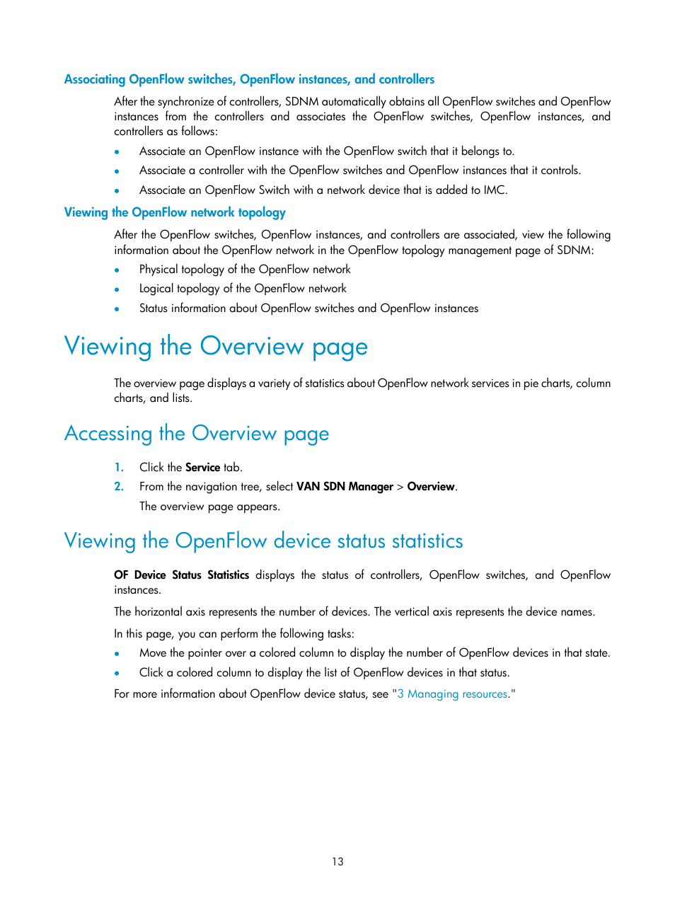 Viewing the openflow network topology, Viewing the openflow device status statistics, Viewing the overview page | Accessing the overview page | H3C Technologies H3C Intelligent Management Center User Manual | Page 23 / 137