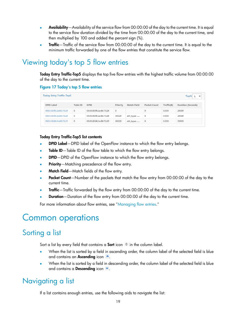 Viewing today's top 5 flow entries, Common operations, Sorting a list | Navigating a list | H3C Technologies H3C Intelligent Management Center User Manual | Page 29 / 137