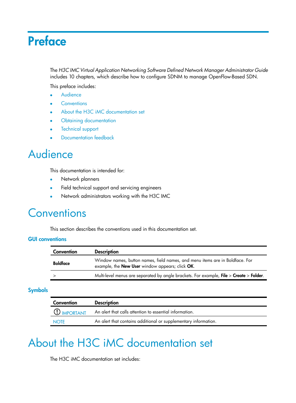 Preface, Audience, Conventions | About the h3c imc documentation set | H3C Technologies H3C Intelligent Management Center User Manual | Page 3 / 137