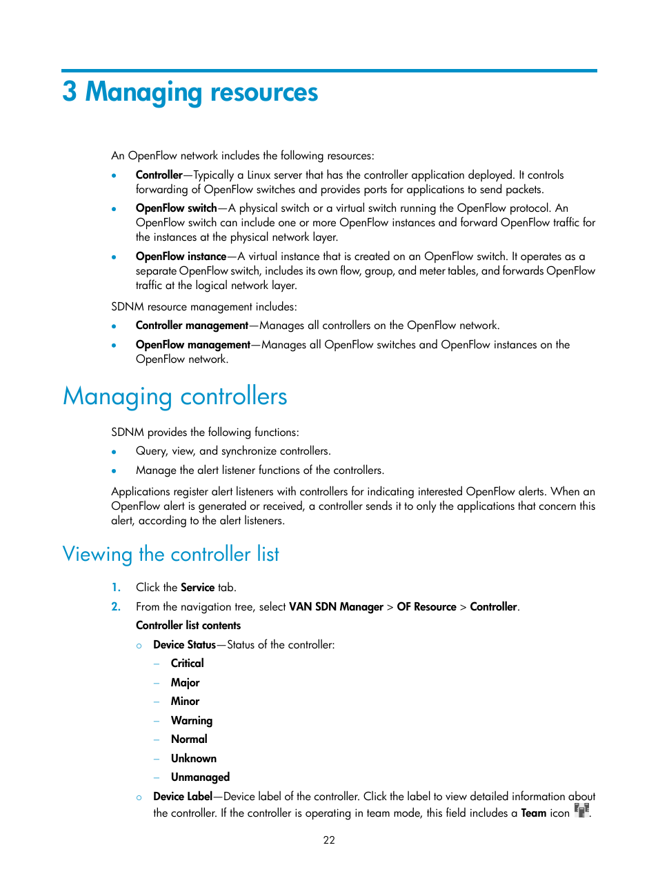 3 managing resources, Managing controllers, Viewing the controller list | H3C Technologies H3C Intelligent Management Center User Manual | Page 32 / 137