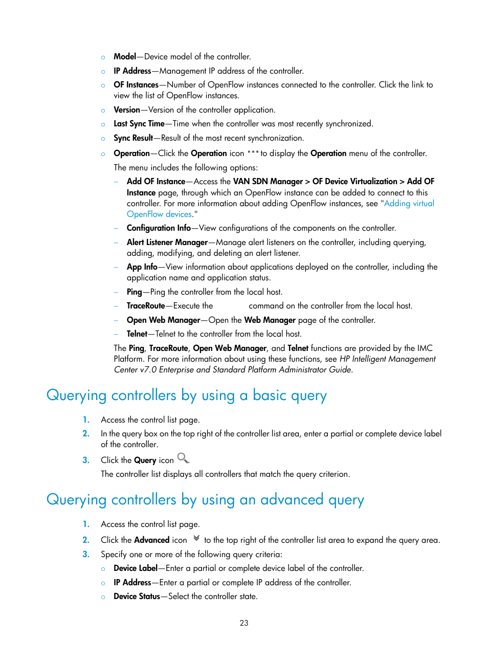 Querying controllers by using a basic query, Querying controllers by using an advanced query | H3C Technologies H3C Intelligent Management Center User Manual | Page 33 / 137