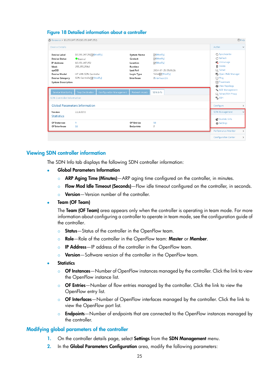 Viewing sdn controller information, Modifying global parameters of the controller | H3C Technologies H3C Intelligent Management Center User Manual | Page 35 / 137