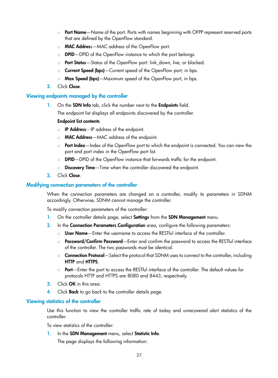 Viewing endpoints managed by the controller, Modifying connection parameters of the controller, Viewing statistics of the controller | H3C Technologies H3C Intelligent Management Center User Manual | Page 37 / 137