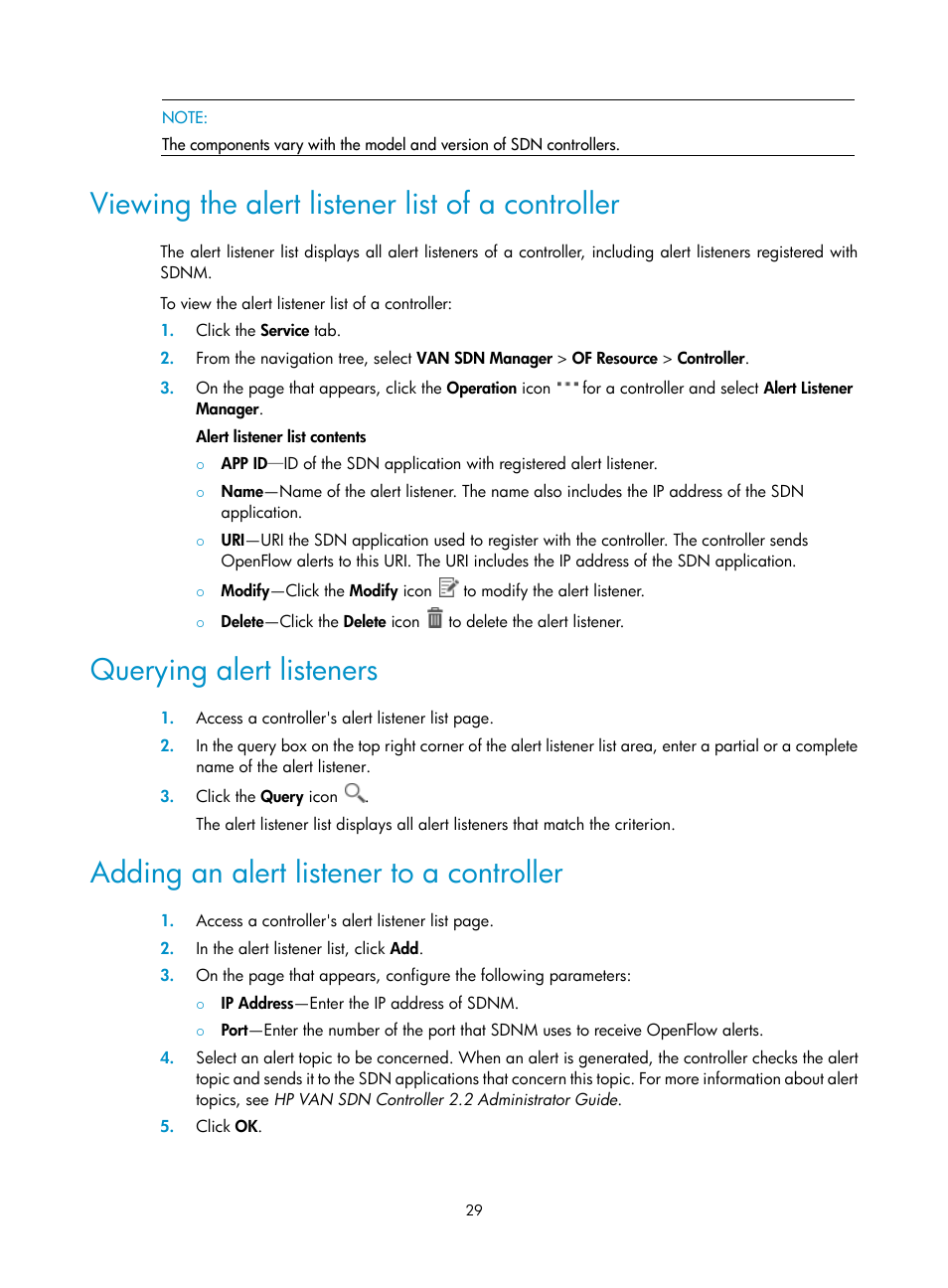 Viewing the alert listener list of a controller, Querying alert listeners, Adding an alert listener to a controller | H3C Technologies H3C Intelligent Management Center User Manual | Page 39 / 137