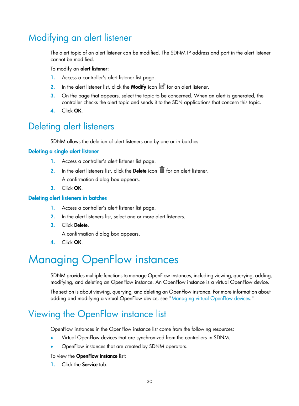 Modifying an alert listener, Deleting alert listeners, Deleting a single alert listener | Deleting alert listeners in batches, Managing openflow instances, Viewing the openflow instance list | H3C Technologies H3C Intelligent Management Center User Manual | Page 40 / 137