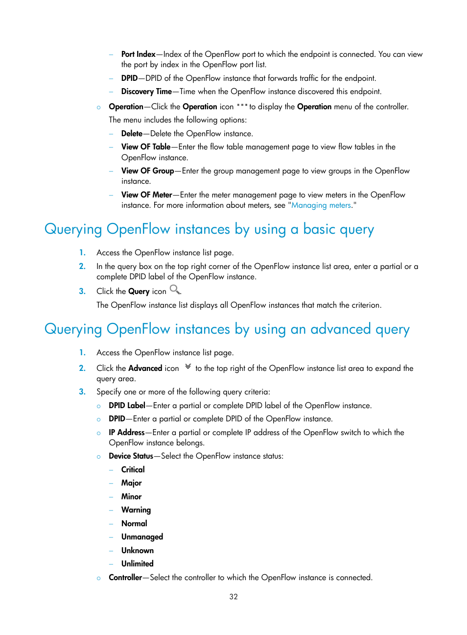 Querying openflow instances by using a basic query | H3C Technologies H3C Intelligent Management Center User Manual | Page 42 / 137