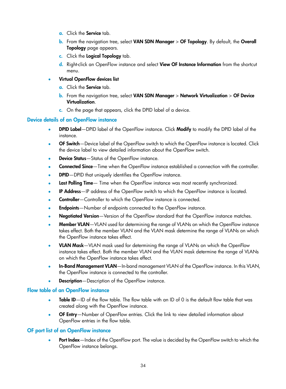 Device details of an openflow instance, Flow table of an openflow instance, Of port list of an openflow instance | H3C Technologies H3C Intelligent Management Center User Manual | Page 44 / 137