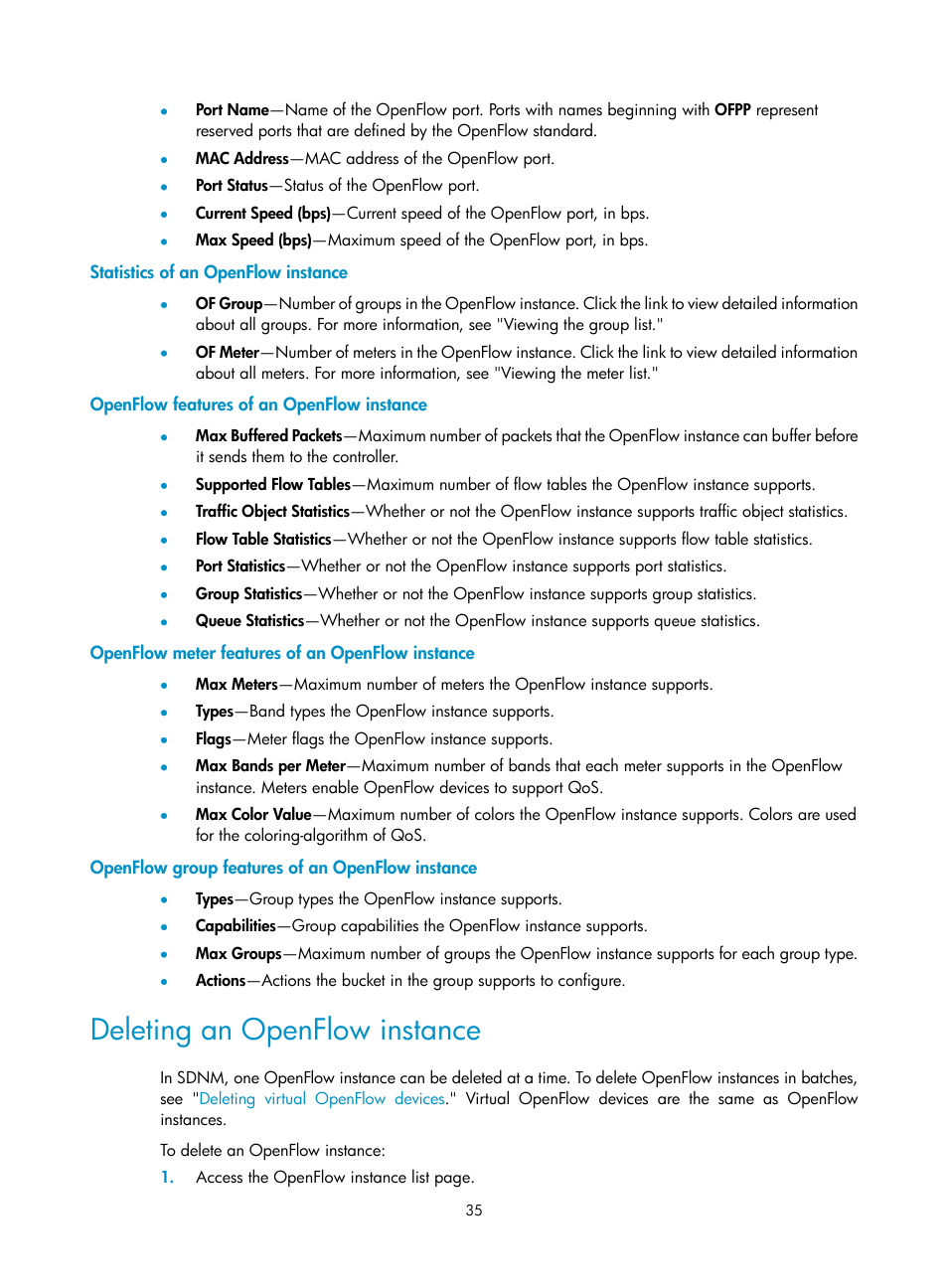 Statistics of an openflow instance, Openflow features of an openflow instance, Openflow meter features of an openflow instance | Openflow group features of an openflow instance, Deleting an openflow instance | H3C Technologies H3C Intelligent Management Center User Manual | Page 45 / 137