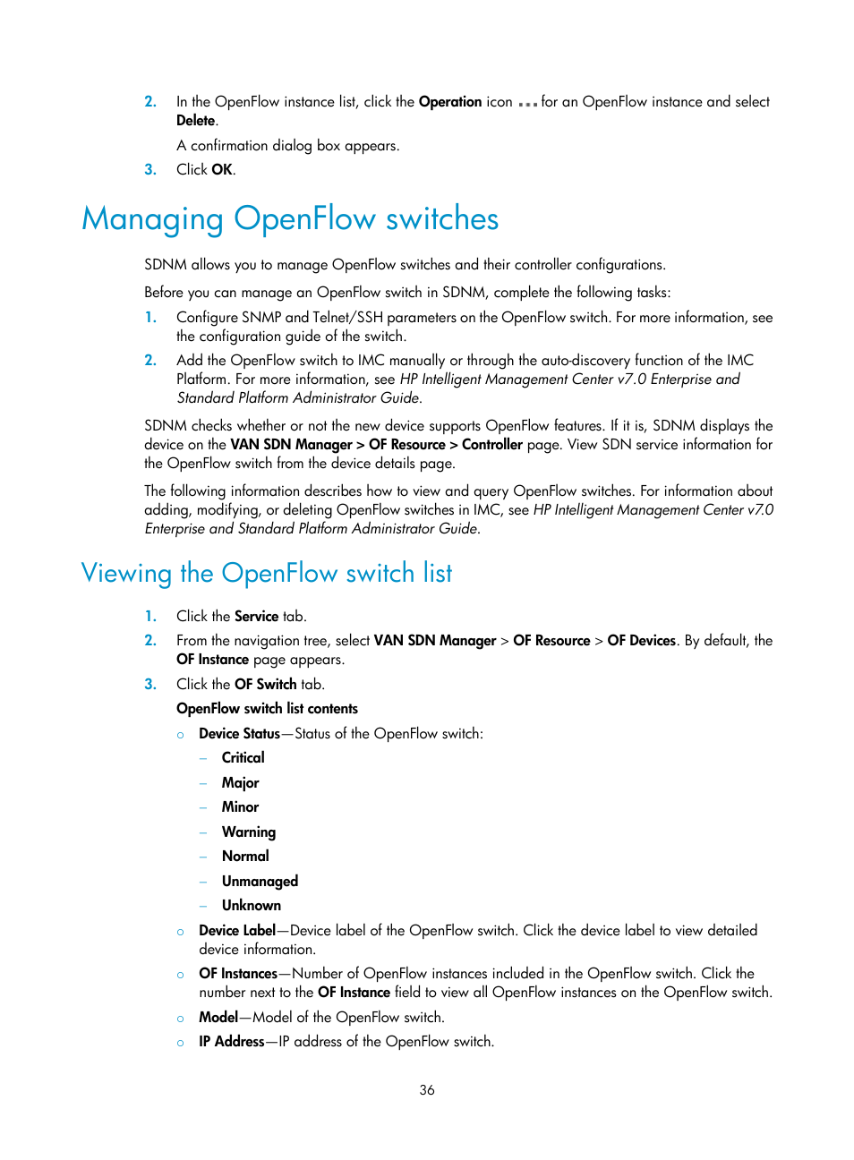 Managing openflow switches, Viewing the openflow switch list | H3C Technologies H3C Intelligent Management Center User Manual | Page 46 / 137